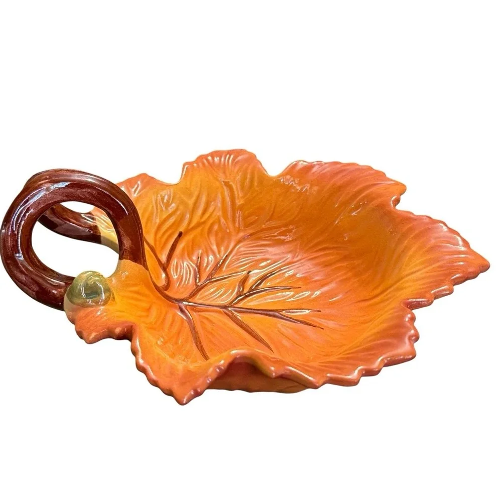 FIGI Autumn Leaf Handled Bowl Candy Nut Dish Fall Thanksgiving Orange Ceramic